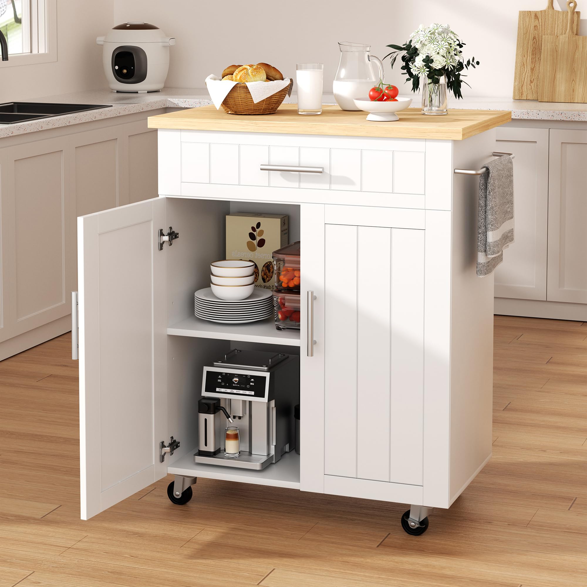 Photo 1 of **MINOR DAMAGE TO CORNERS**Shintenchi Kitchen Island cart with Storage, Portable Bar Cabinet on Wheels, Rolling Microwave Cart Side Table with Workstation for Kitchen, Dinning Room, White