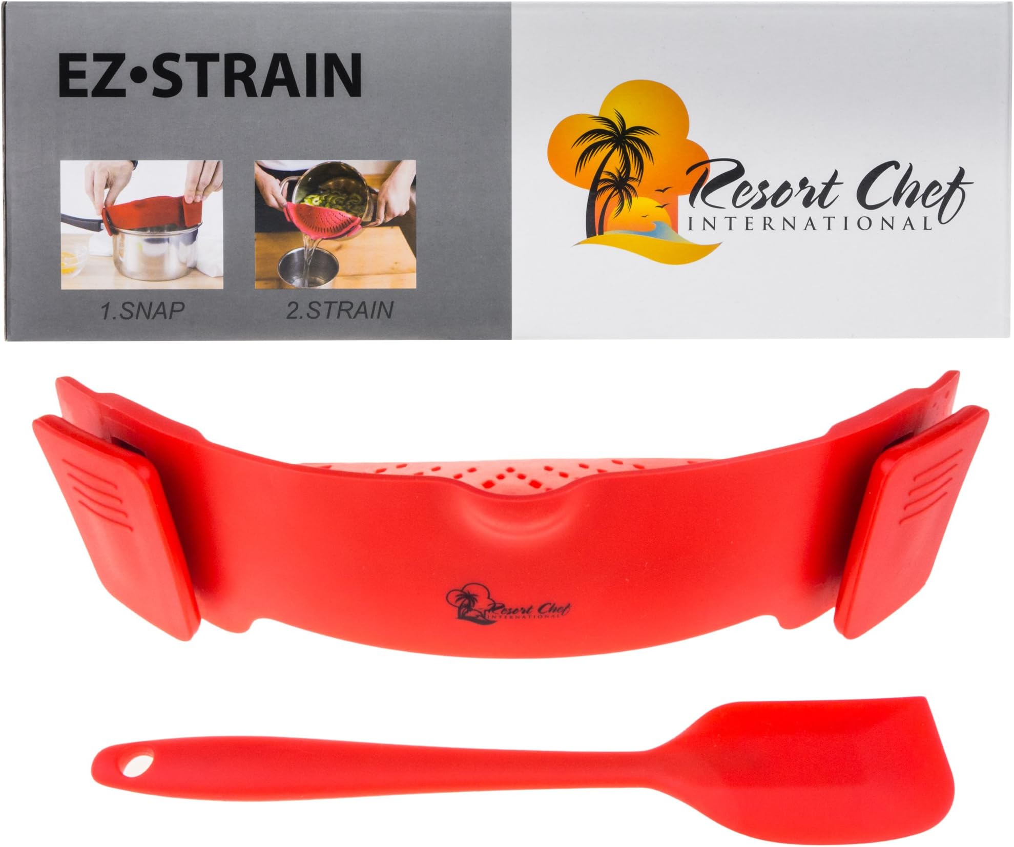 Resort Chef Kitchen Clip-on Pot Strainer. Best for Straining Pasta, Meat Grease, Eggs, Rice, Fruits & Vegetables - BPA Free Eco Friendly - Includes Bonus Matching Silicone Spatula - Great Gift Idea