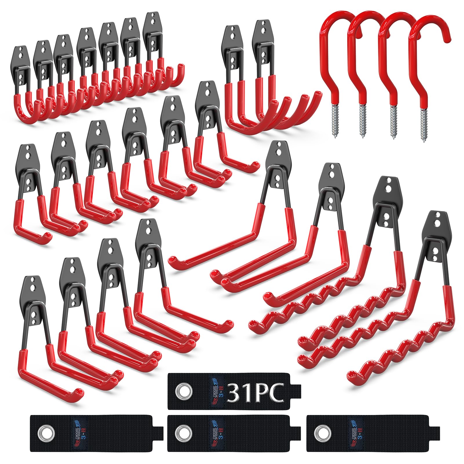 3-H Heavy Duty Garage Hooks, Solid Steel Hooks with Adjustable Extension Belt, 3 Round Welding Spots - Storage for Ladders, Bikes, Garden Tools, Bulky Items & Shed, Red, 31PC