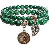 Bivei Natural Semi Precious Gemstone beads bracelet for women - Life Tree and Leaf Charm Energy Reiki Crystal Stretch Bracelets