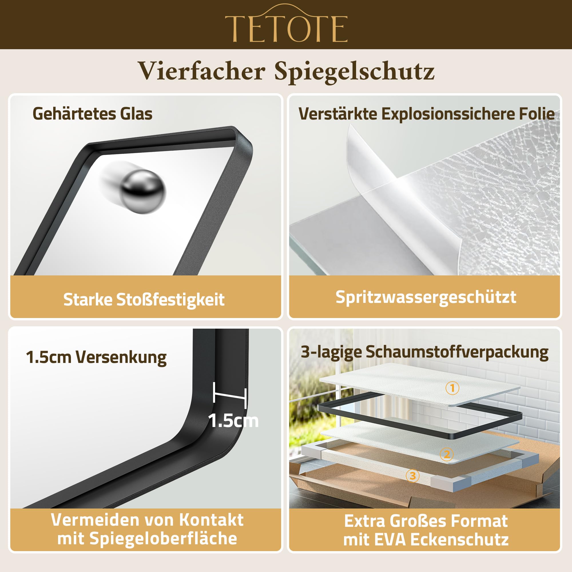 TETOTE 50x75cm Wandspiegel Schwarz Ohne Beleuchtung, Rechteckig Badspiegel mit Runder Ecke, Metallrahmen Badezimmer Spiegel für Waschbecken, Gehärtetes Glas Dekorative Spiegel 5