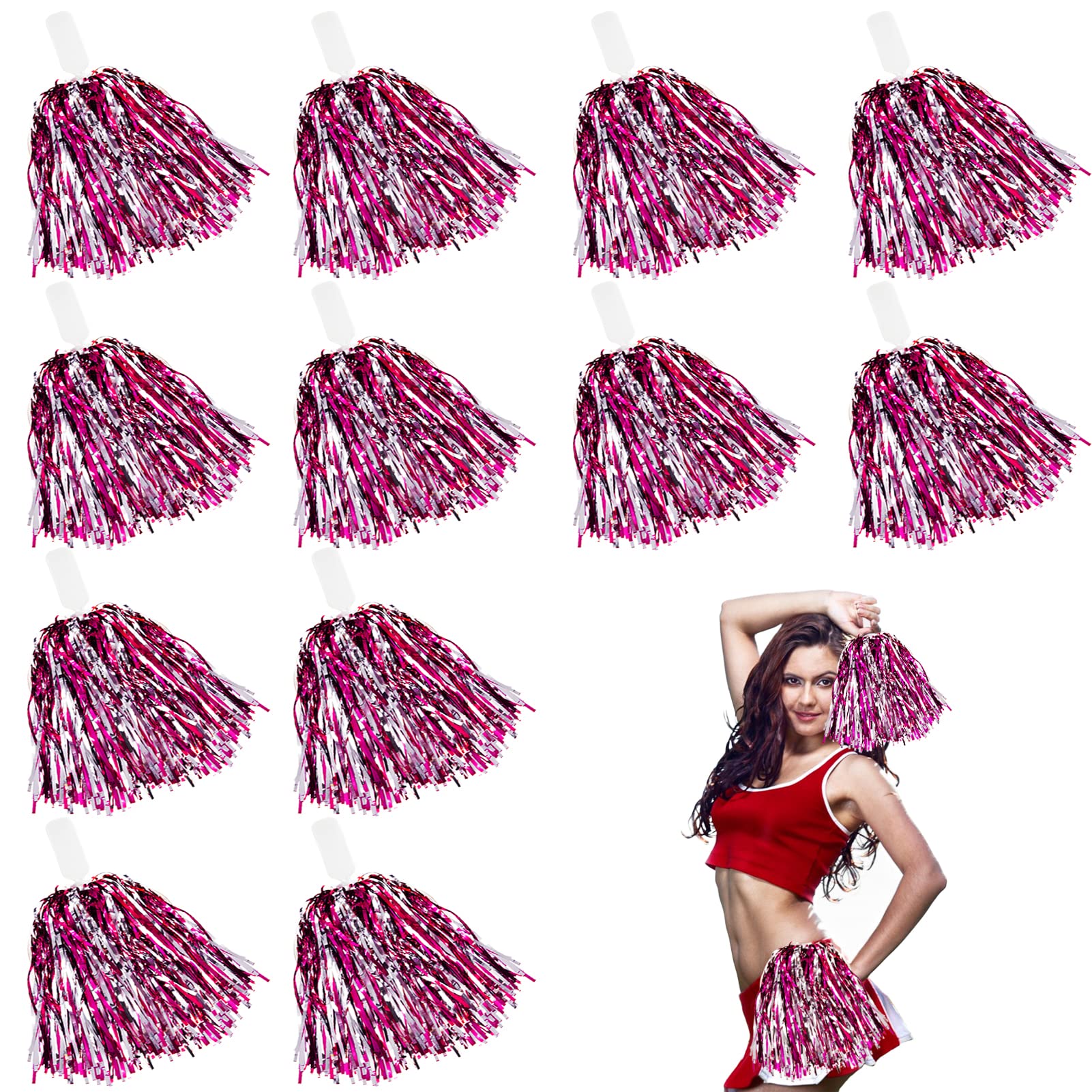 Msoesticc.dl 12 Handheld Cheerleading Pom Poms, Metallic Foil Cheerleader Pompoms Hand Flowers for Sports Cheers Dance Party Cheering Squard Team Spirit Games - Durable & Lightweight(Rose + Silver)