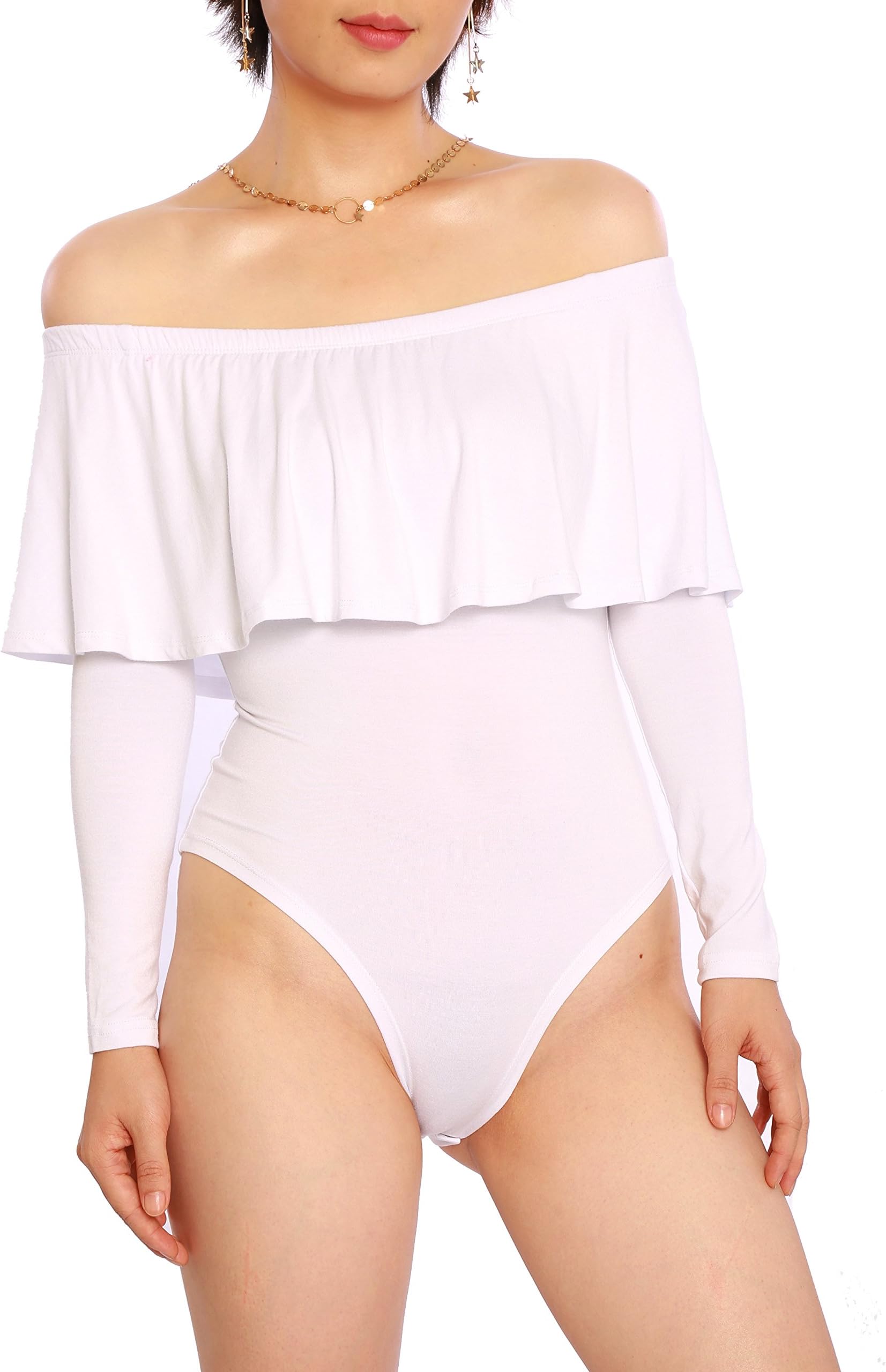 Cheapcotton Women's Bardot Neckline Ruffle Overlay Long Sleeve Bodysuit