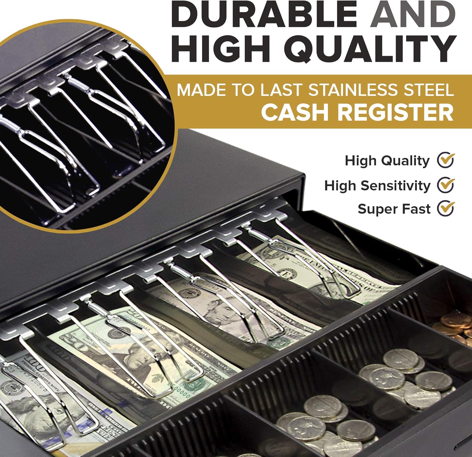 Mini Cash Register Drawer for Point of Sale (POS) System with 4 Bill 5 Coin Cash Tray, Removable Coin Compartment, 24V, RJ11/RJ12 Key-Lock, Media Slot, Black - for Stores, Shops, and Businesses : Electronics