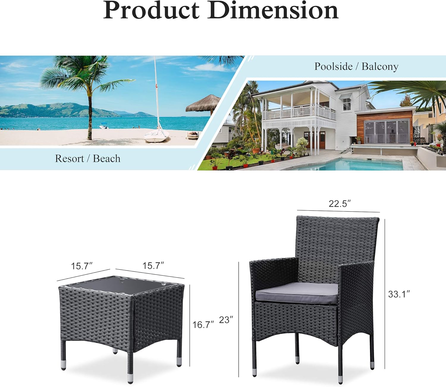 M&W 3 Pieces Patio Furniture Set, Outdoor Chairs and Coffee Table, PE Rattan Wicker Bistro Table Set for Balcony, Lawn, Garden, Backyard, Grey (Throw Pillow NOT Included): Garden & Outdoor