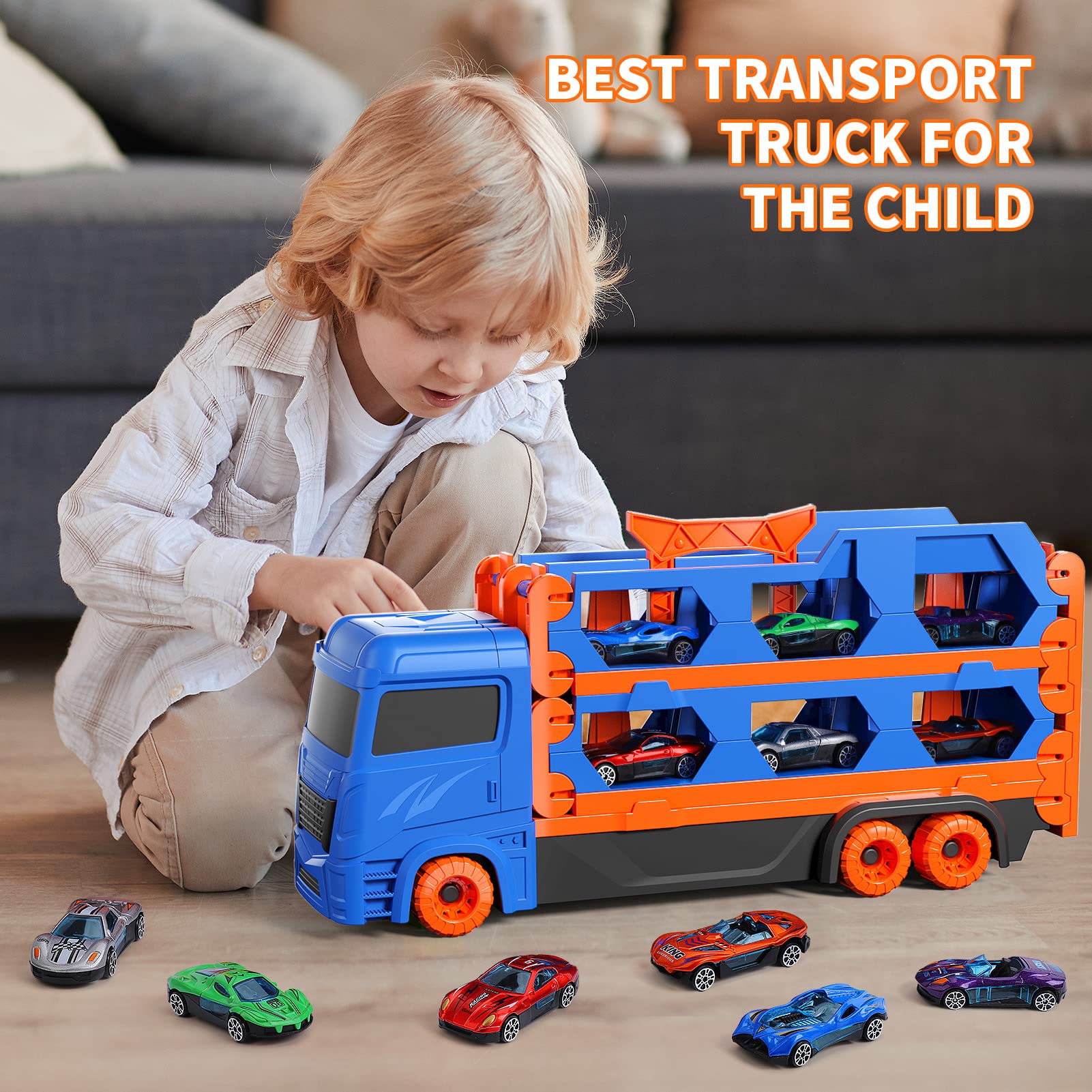 Ci Vetch Auto Spielzeug für 2-6 Jahre alte Jungen, Transport LKW Auto Spielzeug mit 61-Zoll-Rennstrecke, Blau 2
