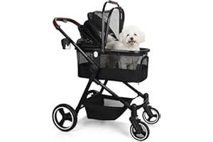 YIYUNBEBE Foldable Dog Stroller, 3 in 1 Pet Stroller for Small Medium Dog Cat up to 50lbs, Detachble Portable Pet Bag, Storage Basket and One-Button Folding Frame