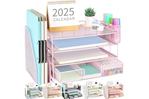 gianotter Paper Organizer with File Holder for Desk, 4 Tier Letter Tray Office Desk Organizers and Accessories - Workspace Organizers with Drawer and 2 Pen Holder for Office Supplies (Pink)