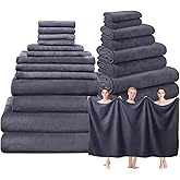 Mixweer 24 Piece Dark Grey Microfiber Absorbent Towel Set: 2 Oversized Bath Sheets, 4 Bath Towels, 6 Hand, 8 Washcloths, 4 Fingertip for Bathroom Spa Gym Camping Beach