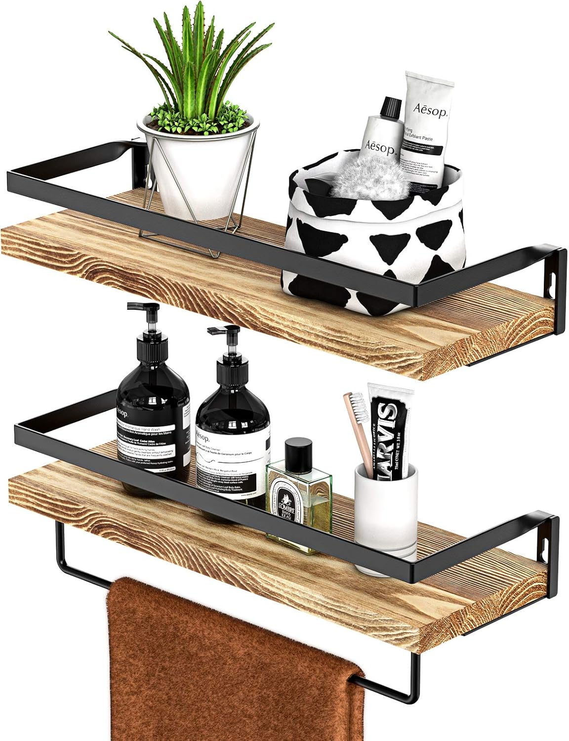 Amada Rustic Floating Shelves Wall Mounted, Solid Paulownia Wood Set of 2 for Kitchen, Bathroom, and Bedroom, Decorative Storage Shelf with Removable Towel Holder Yellow