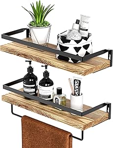 Amada Rustic Floating Shelves Wall Mounted, Solid Paulownia Wood Set of 2 for Kitchen, Bathroom, and Bedroom, Decorative Storage Shelf with Removable Towel Holder Yellow