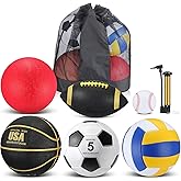 Libima 6 Pcs Multi Sport Ball Set Official Size Football Basketball Soccer Volleyball Playground Ball Baseball with Outdoor Sports Equipment Bag Pump Back to School Sports Gift