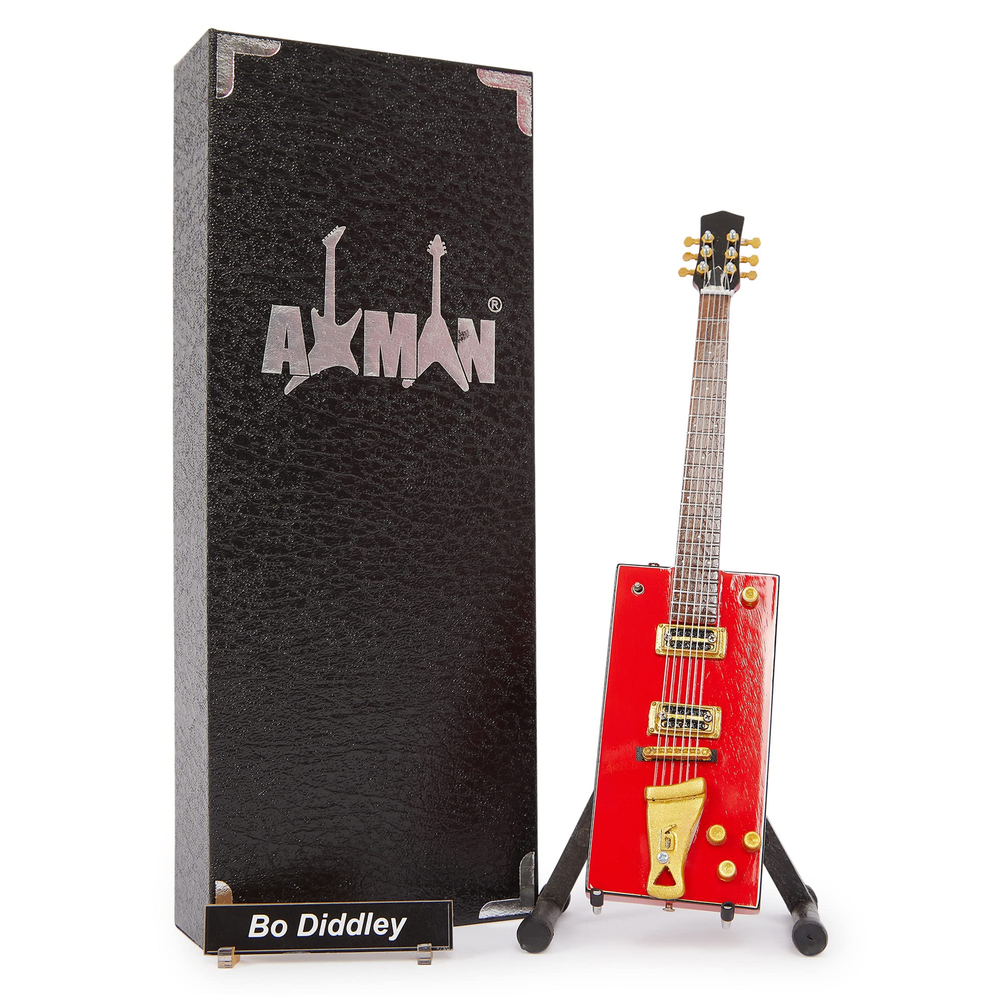 Bo Diddley - Miniature Guitar Replica - Music Gifts - Handmade Ornamental 1/4 Scale - Includes a Display Box, Name Tag and Miniature Guitar Stand