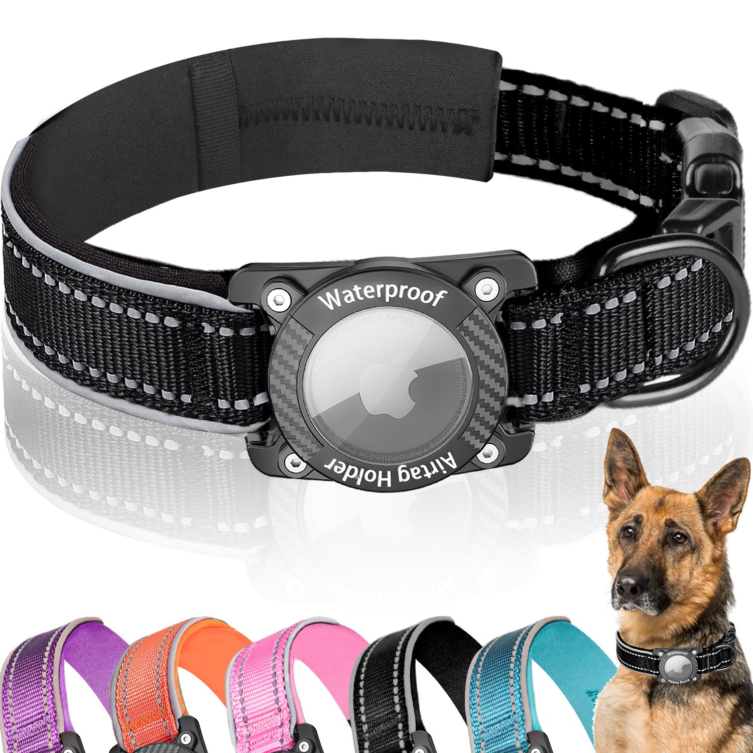 LZXLXS Upgraded AirTag Dog Collar with Waterproof Air tag Holder, Luminous Reflective Adjustable Comfortable Padded GPS Collars for Small Medium Large Dogs, Black, S