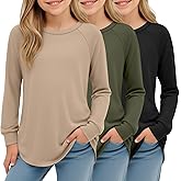 LessonZoo 3 Pack Girls Long Sleeve Shirts Kids Crewneck Curve Hem Casual Tops Raglan Sleeve Athletic Comfy Pullover Tees