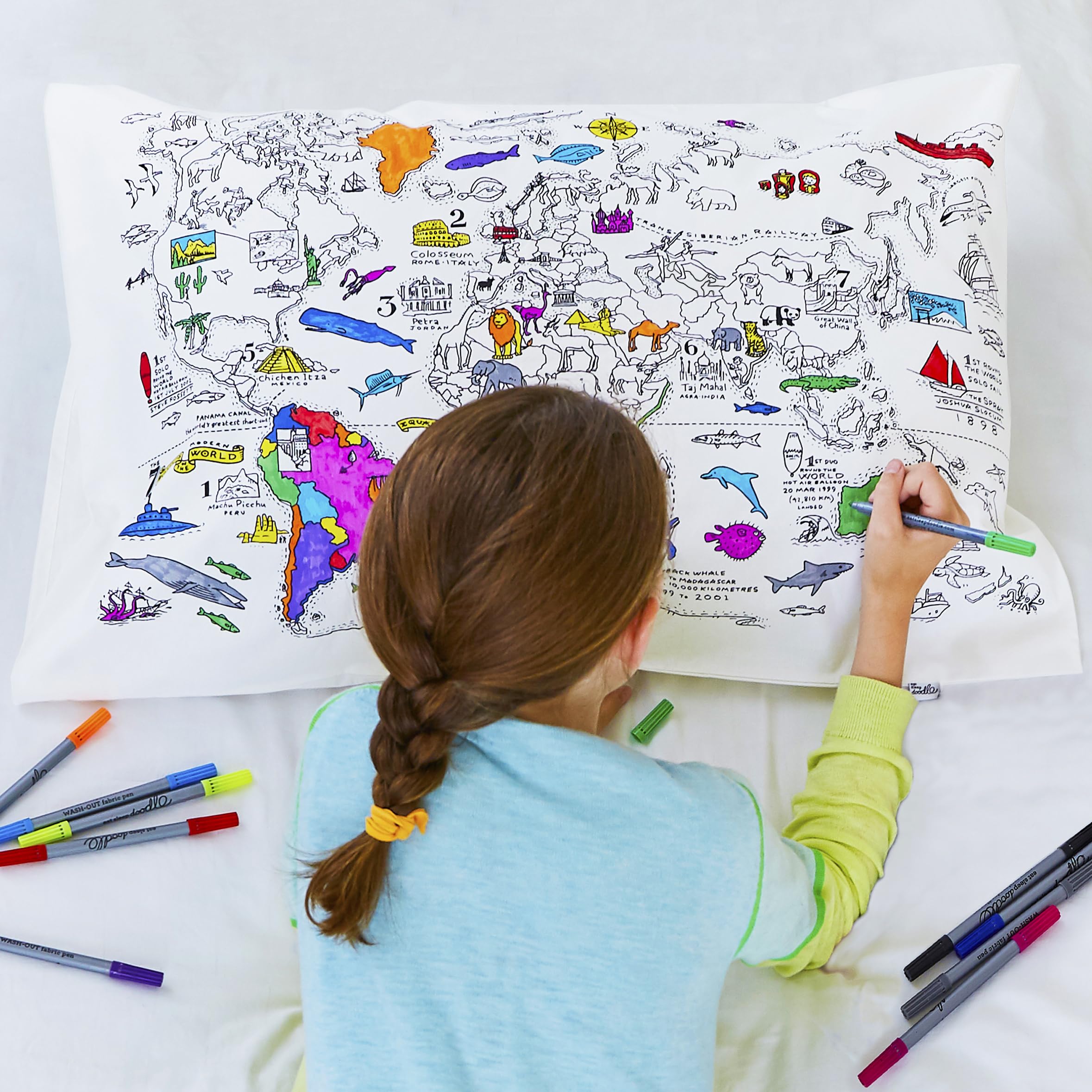 Colour & Learn world map cotton pillowcase with wash-out fabric pens