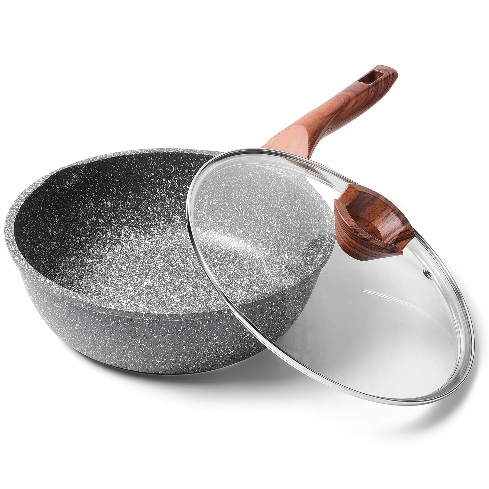 RIOVARM 24 cm Nonstick Deep Frying Pan with Lid, Omelette Pan for Induction Hob, 9.5 inch PFOA Free Skillet with Granite Coating, Small Egg Pans, Ergonomic Handle, Camping Pan Suitable for All Stoves