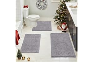 HOMEIDEAS 3 Pieces Bathroom Rugs, Ultra Soft Non Slip Absorbent Chenille Toilet Bath Mat Set (Grey)
