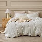 Bedsure 100% Washed Cotton Duvet Cover King Size - Ivory Minimalist Bedding Set Linen Like - PureWoven Plain Simple & Soft Co
