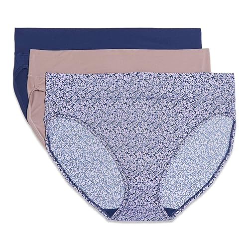 Warner's womens Blissful Benefits Dig-free Comfort Waistband Microfiber Hi-cut 3-pack 5138w Underwear, Navy Ink Cutout Blooms/Mink/Navy Ink, Large US