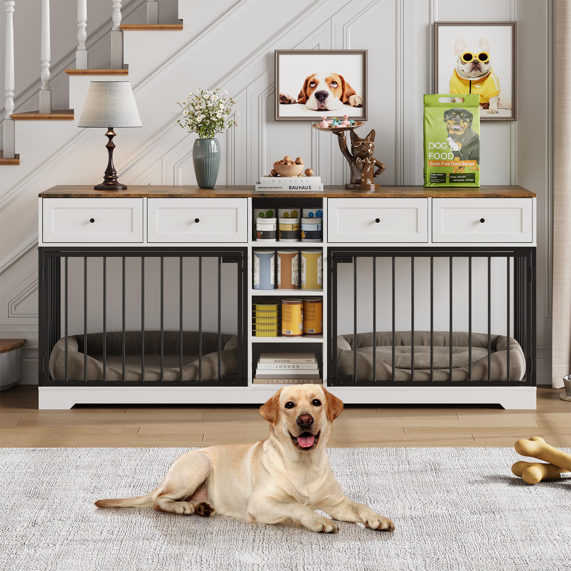 Photo 1 of **** 2 BOX SET***** GarveeHome 82” Double Dog Crate Furniture, Large Dog Kennel Indoor for 2 Dogs, Heavy Duty Wooden Dog Crate TV Stand with 4 Drawers and Shelves, White