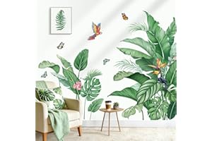 wondever Tropical Palm Leaf Wall Stickers Natural Green Leaves Plant Birds Peel and Stick Wall Art Decals for Living Room Bed