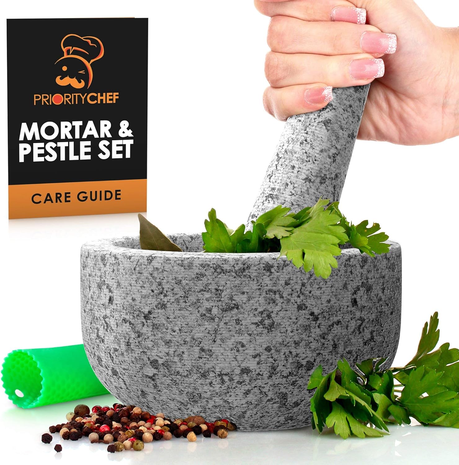PriorityChef Mortar and Pestle Set, Unpolished Natural Granite, Large 2 Cup Capacity Guacamole