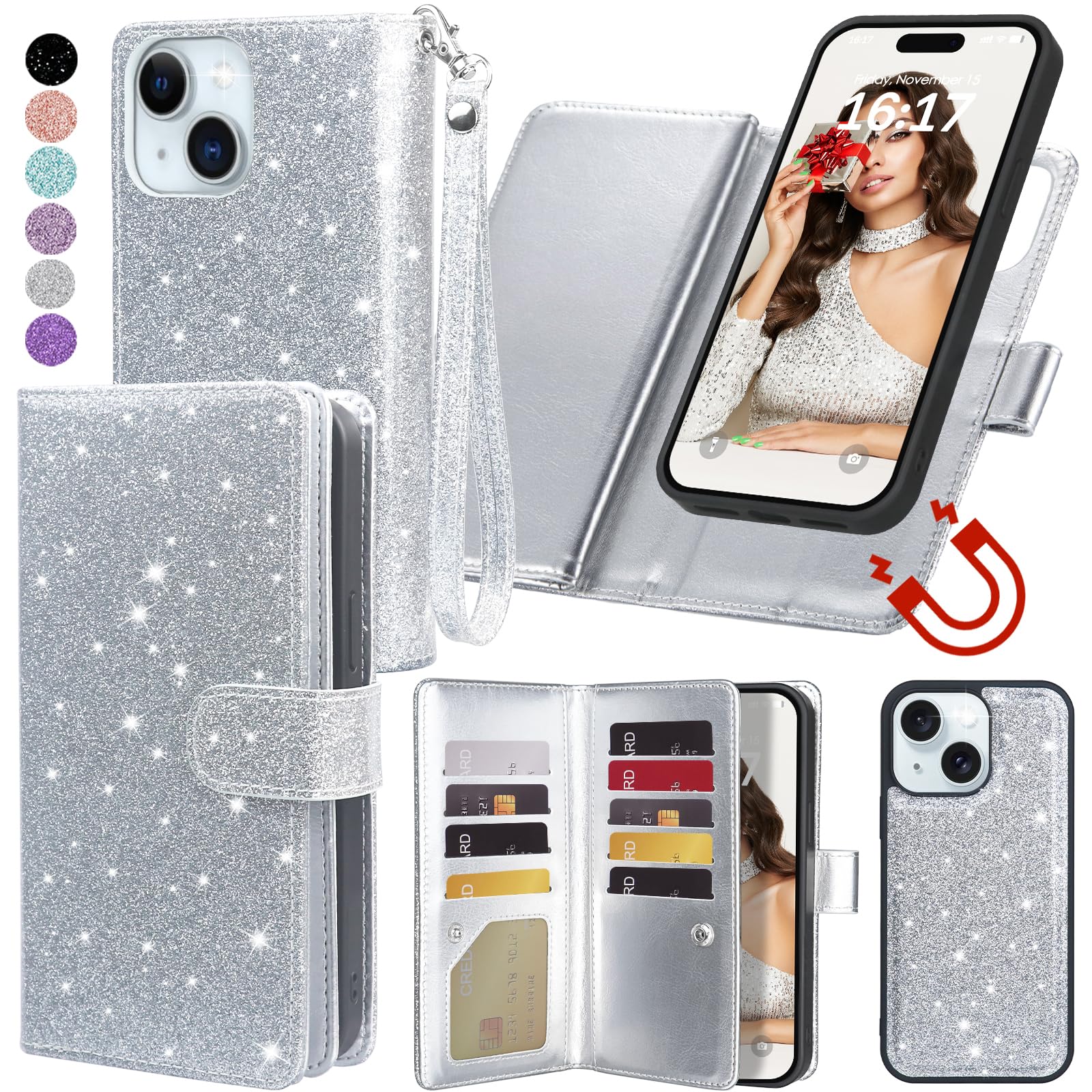 Photo 1 of Varikke for iPhone 14 Pro Wallet Case Detachable with Card Holder for Women, Fashion Glitter PU Leather Strap Strong Magnetic Flip Wallet Removable Phone Case Cover for iPhone 14 Pro 6.1", Silver
