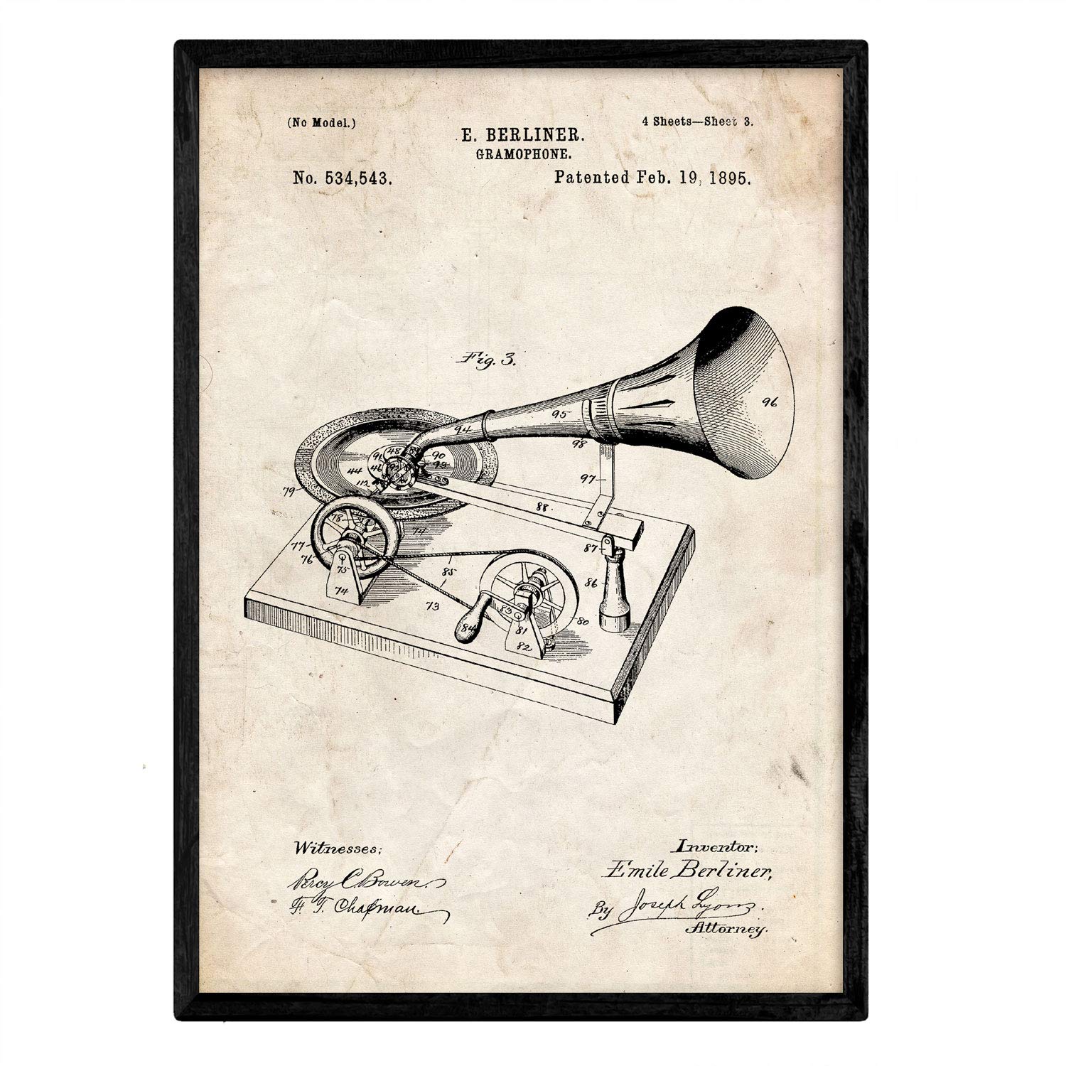 Nacnic Poster patent gramophone. Sheet with old design patent in A3 size and vintage background