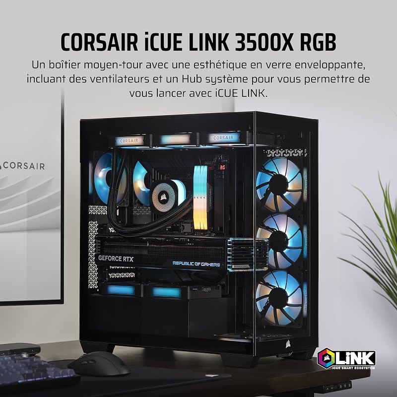 iCUE LINK 3500X RGB Boîtier PC ATX Mid-Tower à Double Chambre – Verre Trempé Panoramique, Connexion Inversée Compatible avec La Carte Mère, 3X Ventilateurs iCUE Link RX120 RGB Inclus – Noir