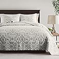 HORIMOTE HOME Cotton Matelasse Jacquard Quilt Queen Size, Grey Reversible Aztec Pattern Bedspreads Coverlet Ultra Soft Lightweight Breathable Quilt Set for 3 Piece All Season