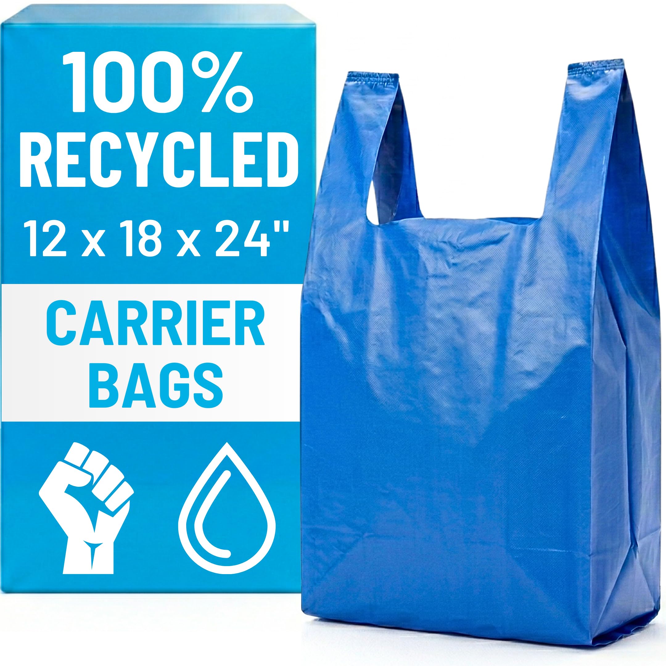 PWgoods 100% Recycled Plastic Carrier Bags - Blue, Jumbo 12 x 18 x 24, Heavy Duty 28mu, 200 Pack, Easy Tie Handles, Takeaway Shopping Retail Grocery Bin Bag — image 1