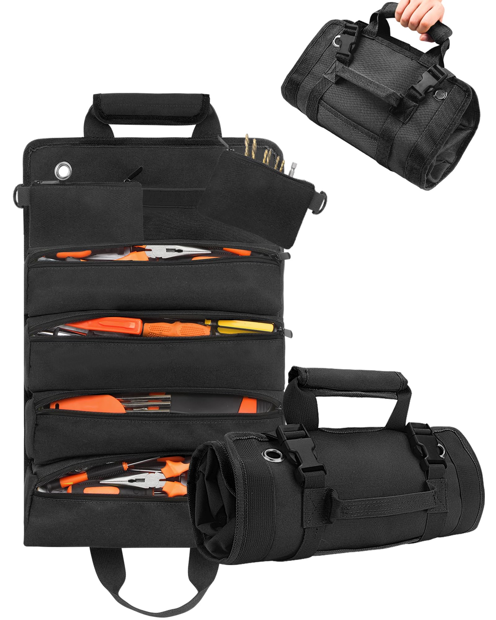 FIREDOG Tool Roll, Large Tool Bag Organizer with 2 Detachable Pouches, Heavy Duty, Portable, Black