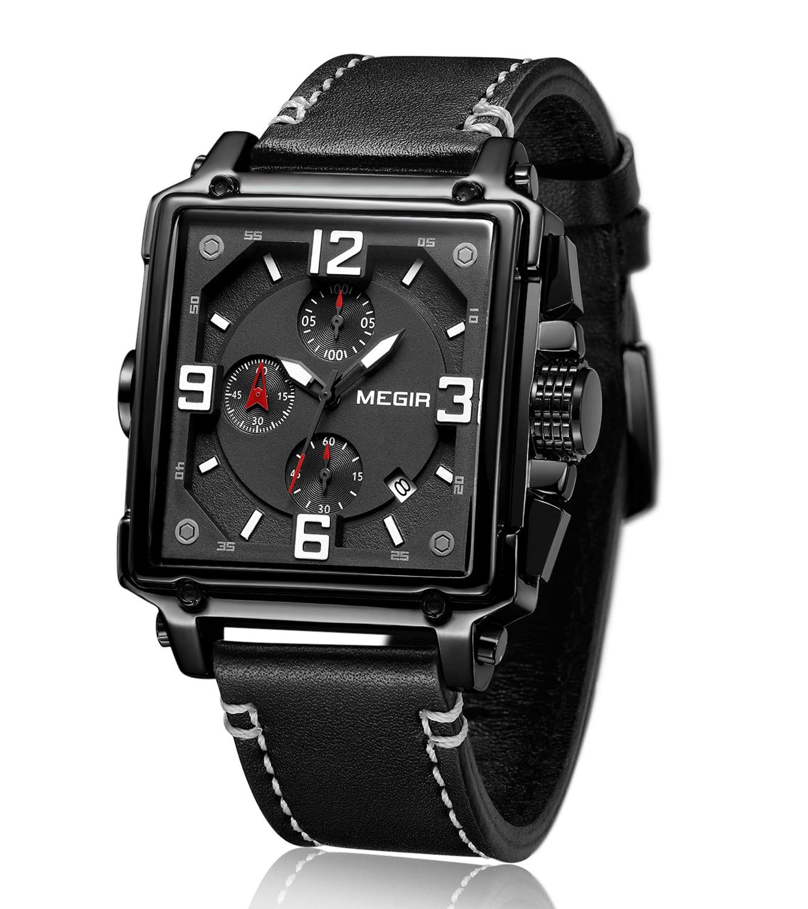 Megir Rectangular Men's Watch Classic Chronograph Black Square Leather Wrist Watches