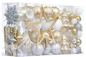 Valery Madelyn Christmas Ball Ornaments, 100ct White and Gold Shatterproof Christmas Tree Decorations Set, Elegant Hanging Ornaments for Xmas Trees Bulk Holiday Decor