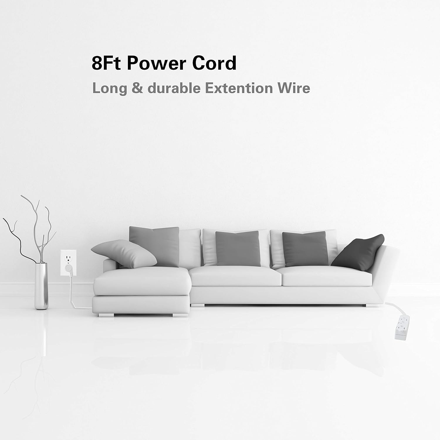 8 Foot Flat Plug Extension Cord, 3 Prong Grounded Wire, Angled Plug, White, UL Listed 2PK - - 