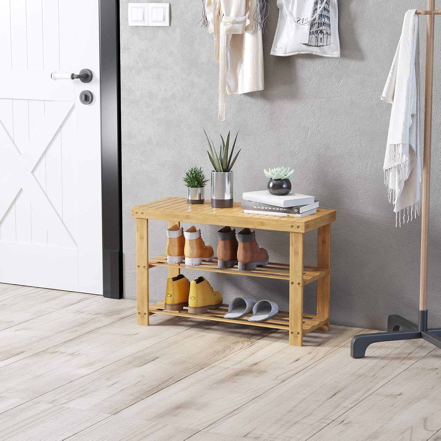 C&AHOME 3-Tier Shoe Rack Bench, Entryway Shoe Storage Organizer Holds Up to 240 lbs, Bamboo Storage Shelf for Shoes, Slippers, Ideal for Hallway Bathroom Living Room Corridor Natural: Kitchen & Dining