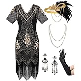 SWEETV YESSA Women's Flapper Dresses 1920s Fringed Sequin Great Gatsby Dress with 20s Accessories -Roaring 20s Costumes