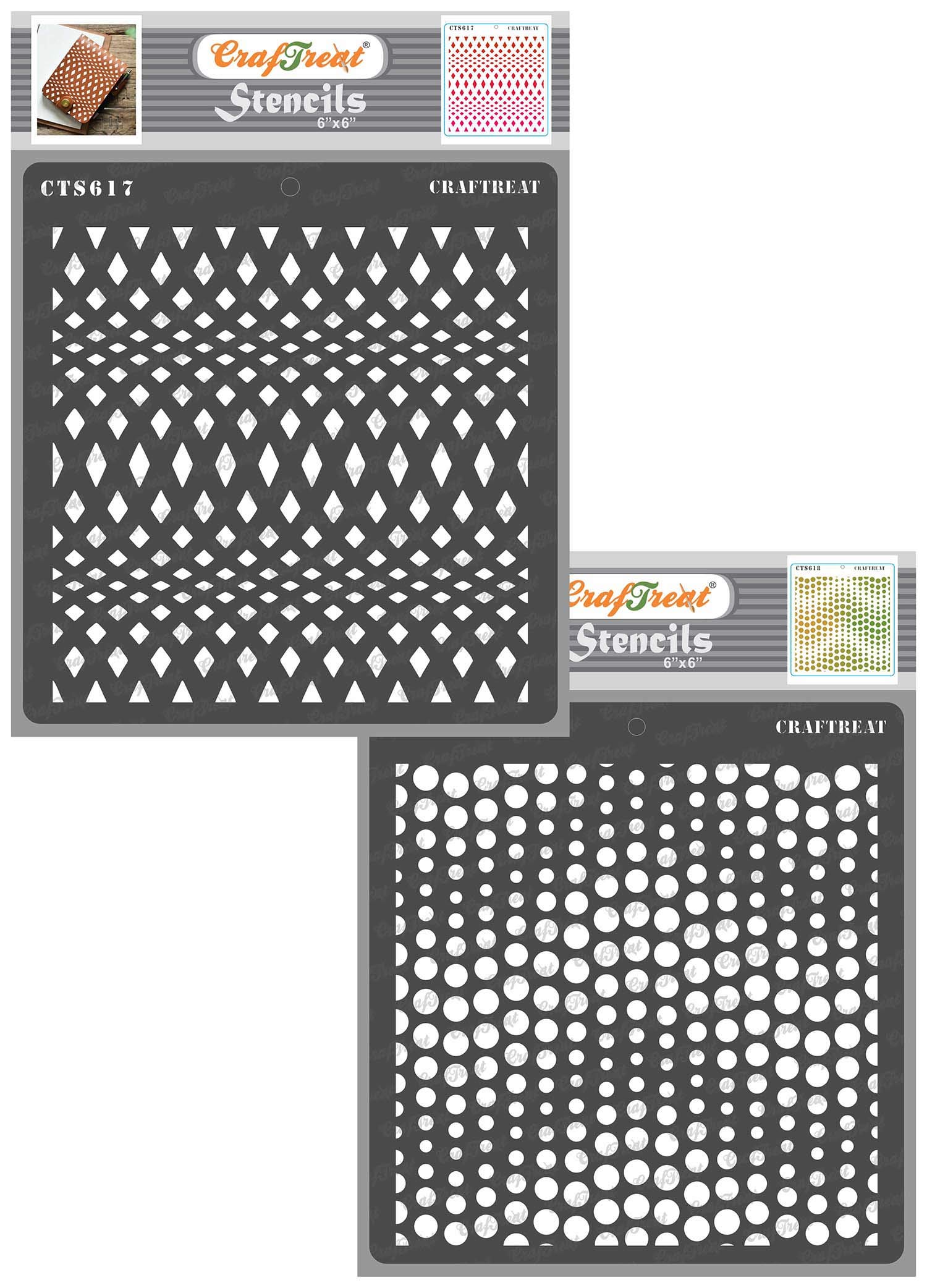 Craftreat Geometric Pattern Stencil for Painting on Wood, Canvas, Fabric and Tile - Wavy Diamonds and Wavy Dots Stencil (2 Pcs)-6X6 Inch - Small Polka Dot Stencil - Diamond Painting Stencil