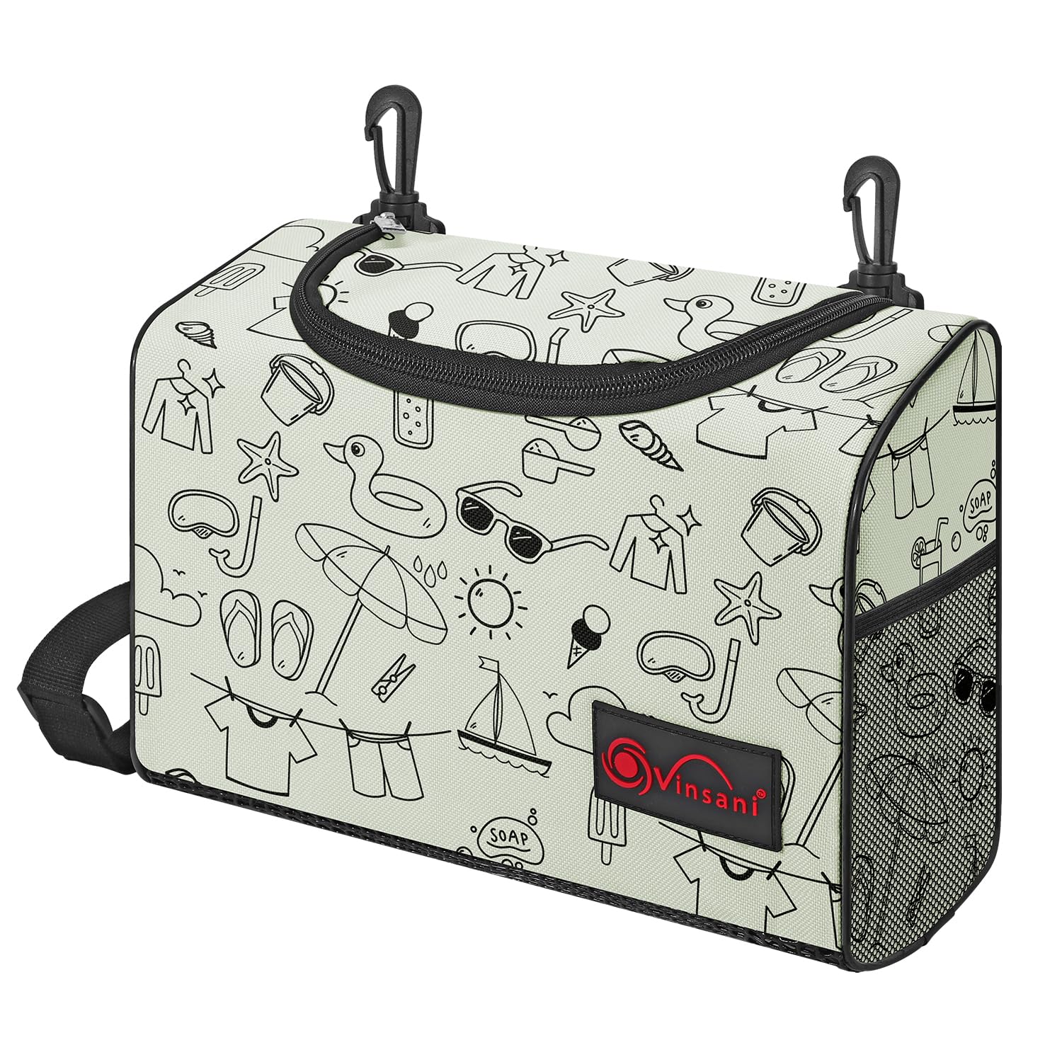 Vinsani Clothes Peg Bag Premium Zipped Waterproof Wearable Pegs Storage Organiser with Double Clips, Shoulder/Waist Strap Holds to 300 pcs Suitable for Indoor Outdoor Use – Printed Cream — image 1