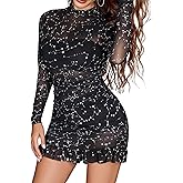 Avidlove Long Sleeve Dress for Women Bodycon Fall Sheer Mesh Dresses Mock Neck Ruched Party Clubwear Outfits S-XXL