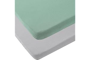 ONACOSHT Muslin Pack n Play Sheets Soft Breathable 100% Cotton Mini Crib Fitted Sheets Portable/Convertible Playard Mattress Cover 2 Pack for Baby Boy and Girl, Grey and Green