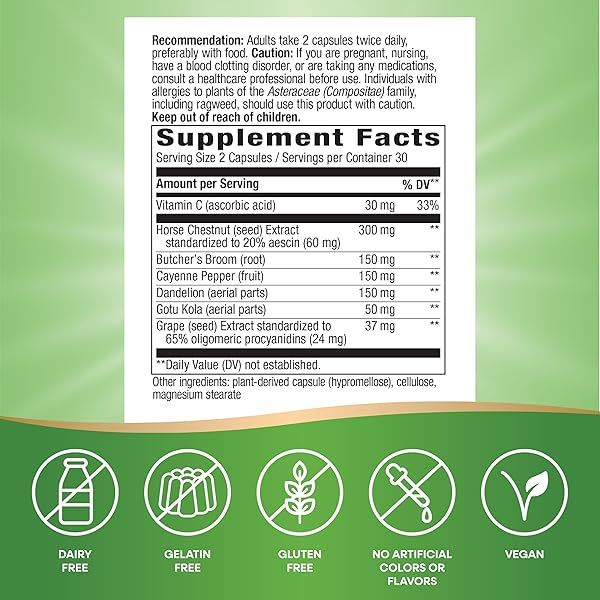 NATURE’S WAY LEG VEINS, SUPPORTS HEALTHY LEG VEIN STRENGTH*, 6-HERB BLEND, WITH HORSE CHESTNUT EXTRACT, DANDELION, GLUTEN FREE, 60 VEGAN CAPSULES (PACKAGING MAY VARY)