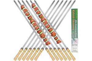 JOWHONK 21.5 inch Long Flat Skewers for Kabobs (12 PCS),0.4" Wide 304 Stainless Steel Barbecue Kebab Skewers for Grilling with Wood Handle,Durable for BBQ Metal Kabob Skewer Sticks for Outdoor
