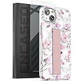 ENCASED Bando Series Designed for iPhone 14 Case with Hand Strap Grip and Screen Protector (Clear/Pink Flowers)