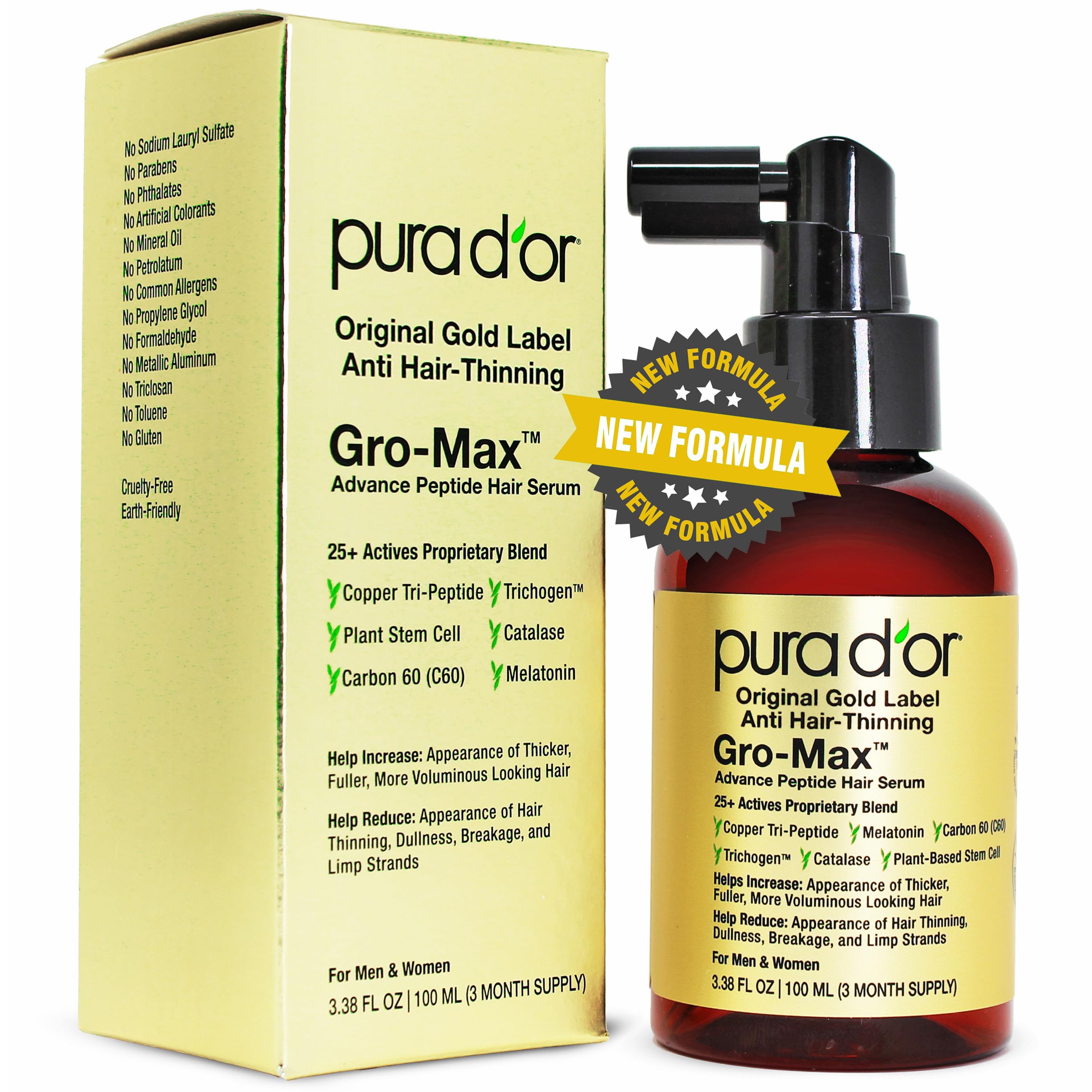 Photo 1 of PURA D'OR 3.38 Oz Gro-Max Advanced Peptide Hair Serum (NEW FORMULA) Plant Stem Cell, Catalase, Copper Tri-Peptide, C60, Biotin, Melatonin, Trichogen, Caffeine, Rosemary - Stronger, Thicker Hair