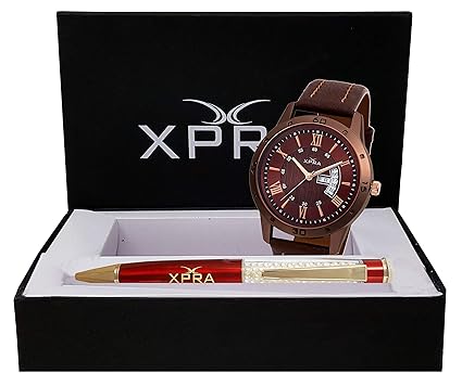 XPRA Analog Day & Date Watch with Exclusive Metal Ball Pen Gift Pack Set (WCH-PN-25A) (Brown & RED)
