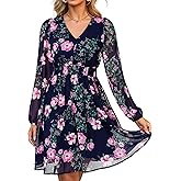 Simplee Womens Floral Mini Dress Long Sleeve Casual V Neck Chiffon Modest Boho Flowy Fall Wedding Guest Dresses