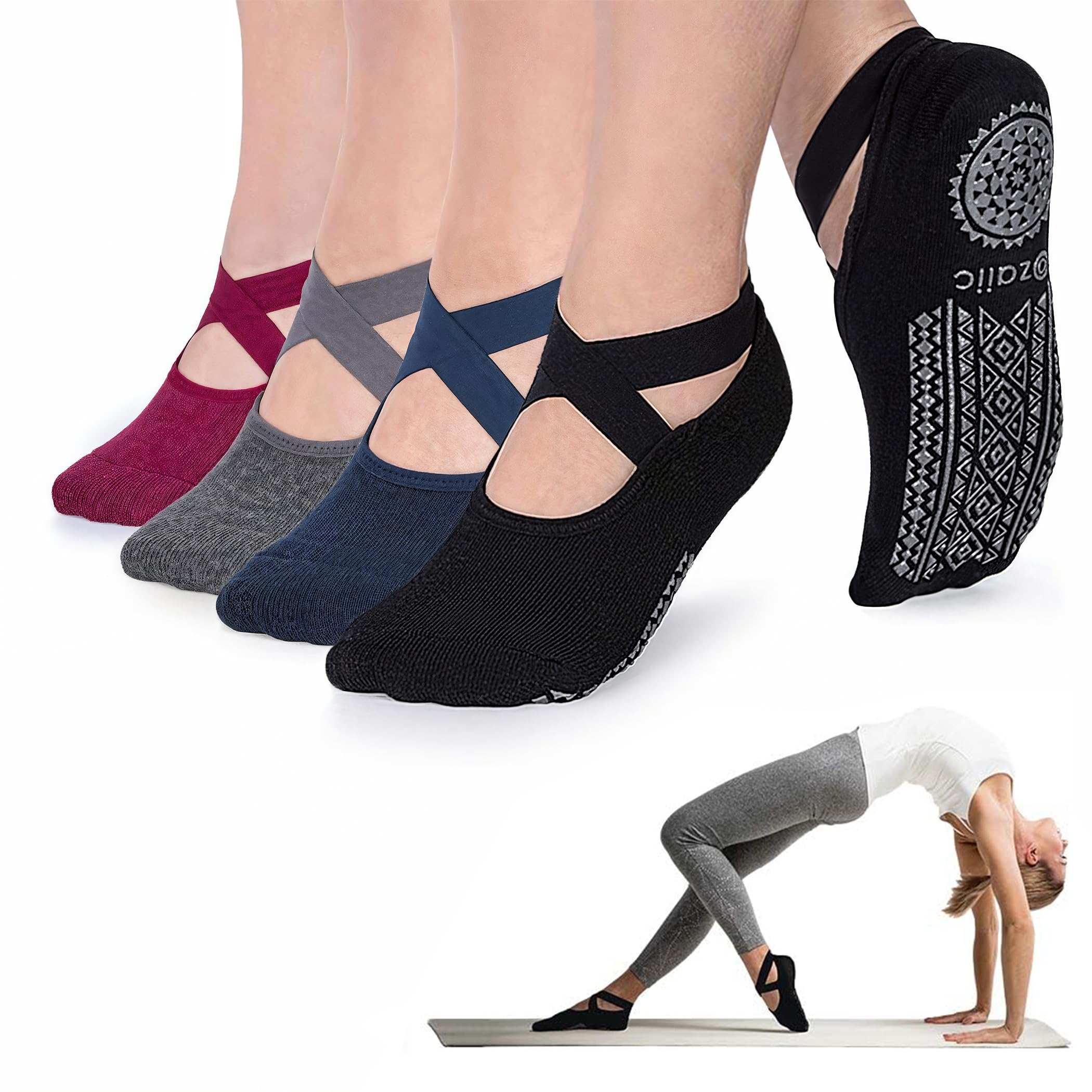 Ozaiic Yoga Socks for Women Non-Slip Grips & Straps, Ideal for Pilates, Pure Barre, Ballet, Dance, Barefoot Workout