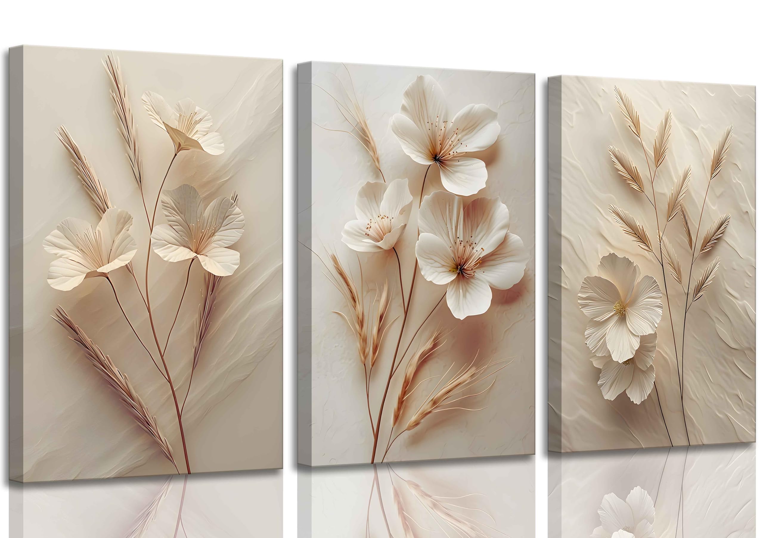 Photo 1 of 3Pcs Neutral Beige Floral Botanical Canvas Wall Art Modern Simple Texture Flower Plant Painting Picture Wall Decor Vintage Blossom Poster Print Artwork for Living Room Bedroom Bathroom